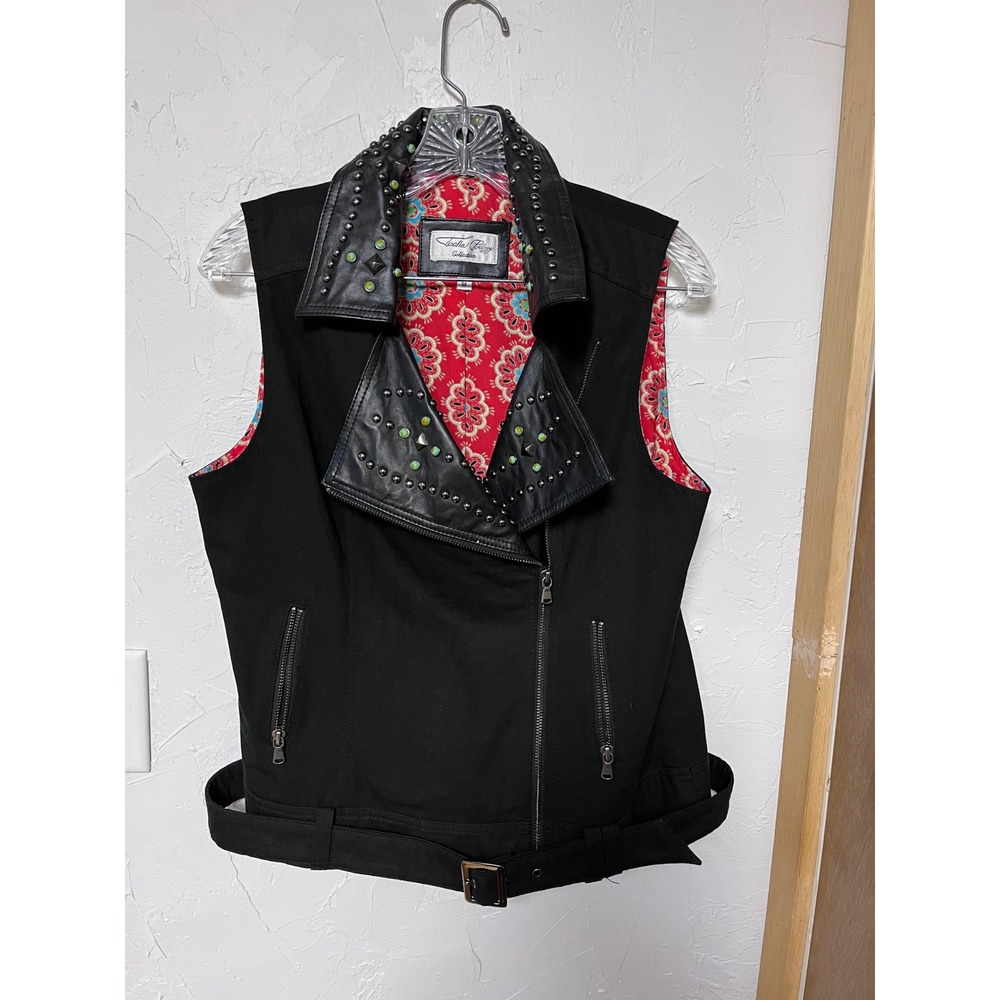 Tasha Polizzi Collection Black Studded Leather Moto Biker Vest Jacket Women's M